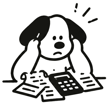 Un perro agobiado entre facturas y una calculadora