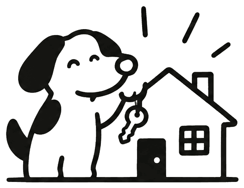 Un perro con las llaves junto a una casa
