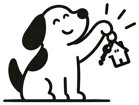 Un perro feliz con un llavero en forma de casa