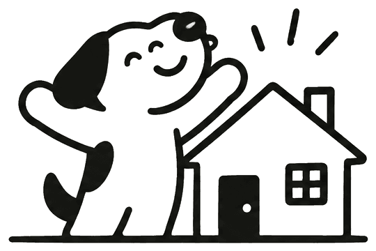 Un perro feliz saludando junto a su casa