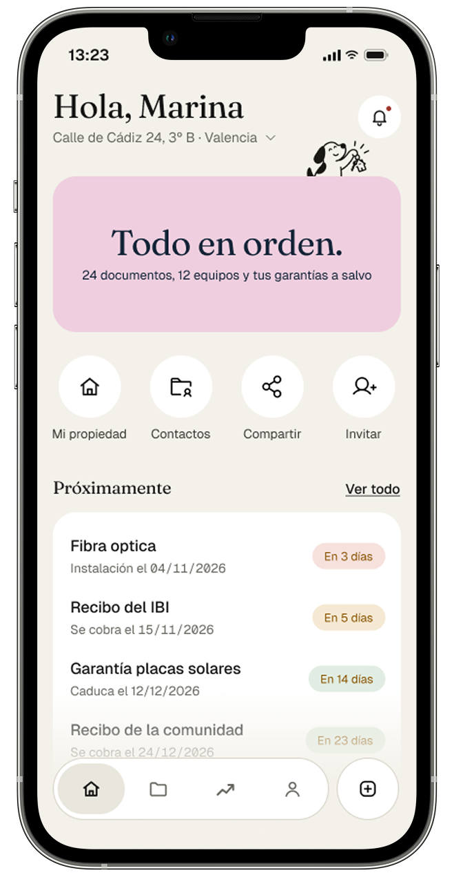 Pantalla de inicio de Hommi: «Todo en orden», con accesos rápidos y próximos vencimientos