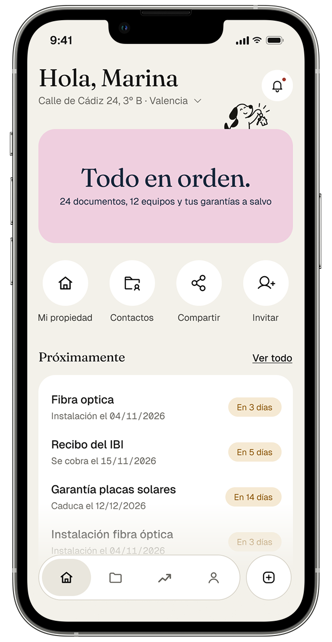 Pantalla de inicio de Hommi: «Todo en orden», con accesos rápidos y próximos vencimientos
